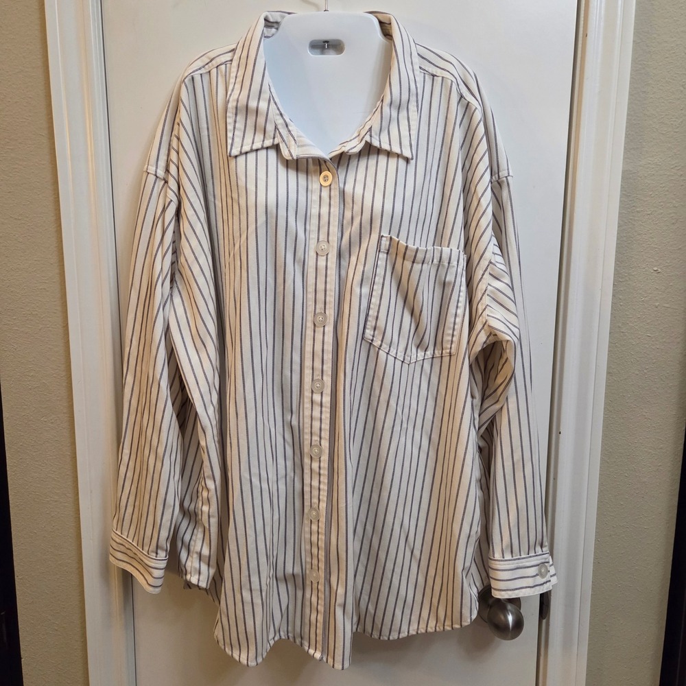 Maurices Womens 3X Striped Button Down Shirt Long Sleeve Textured White Navy